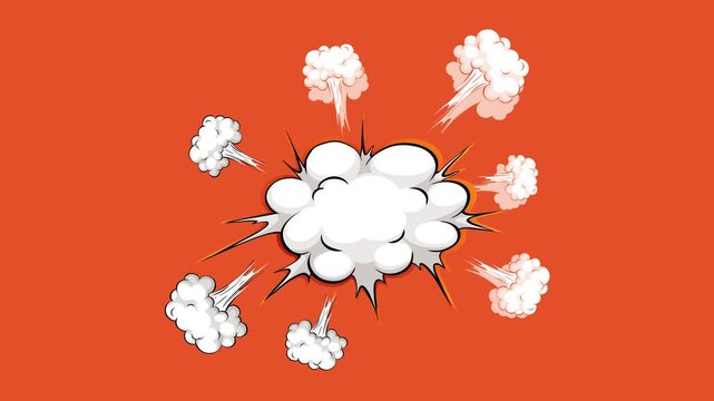 Comic book style explosion graphic with white smoke clouds on a solid orange background