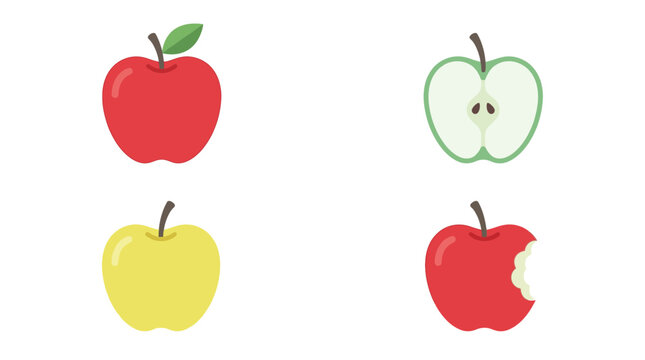 Set of vector illustrations of different apple varieties including whole red apple with leaf, yellow apple, a green apple slice with seeds, and a bitten red fruit isolated on a white background.
