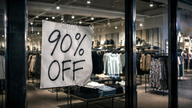 Large 90 percent off sale sign displayed on a clothing store window, showing clearance, discount shopping, retail promotion, and store liquidation