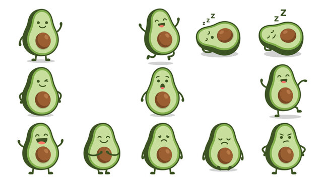 Cute Avocado Character Mascot Set with Various Facial Expressions and Emotions, Funny Fruit Kawaii Emoticons Collection Including Happy, Sad, Angry, and Sleeping Poses for Graphic Design
