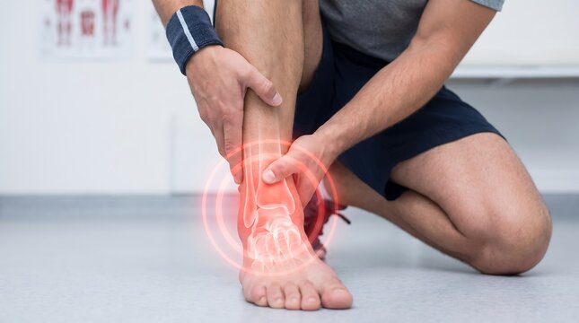 Ankle pain medical illustration of athlete with joint injury, sports medicine concept with red glowing ache area, man holding painful sprained foot