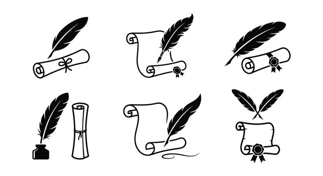 Collection of quill pens and scrolls in a black vector illustration