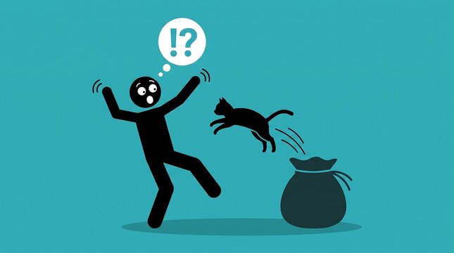 Letting the cat out of the bag idiom illustration, surprised stick figure man with jumping kitten, secret revealed concept art on blue background