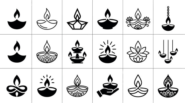 Diwali diya icon set, 18 black oil lamp vector symbols for deepavali festival, traditional indian candle line art collection for holiday greeting cards