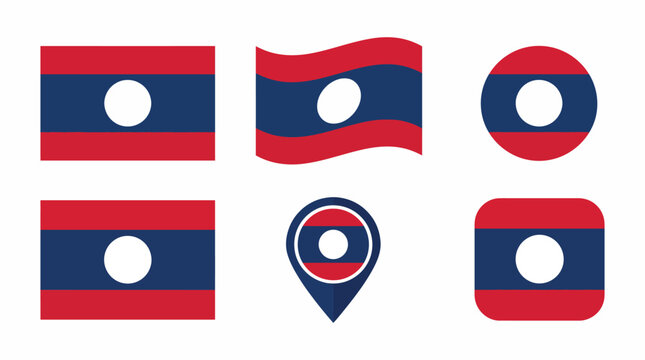 Laos national flag collection, 6 vector icons set with waving flag, circle, square and map pin shapes, red and blue Laotian official symbols