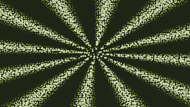Abstract background, with a sunburst, pattern of light, green square dots, radiating from the, center point against, a dark charcoal, grey backdrop isolated on a transparent background