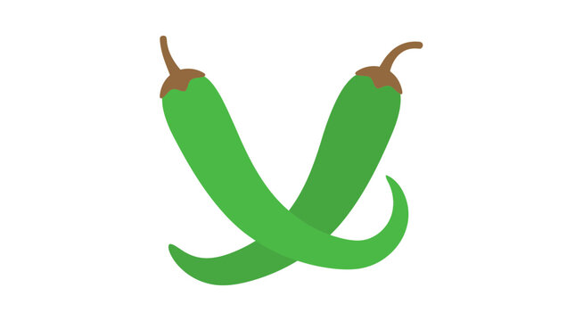 Two fresh green curved cayenne chili peppers crossed together on a white background, organic spicy vegetable vector illustration for cooking, food menu, and healthy lifestyle concept.