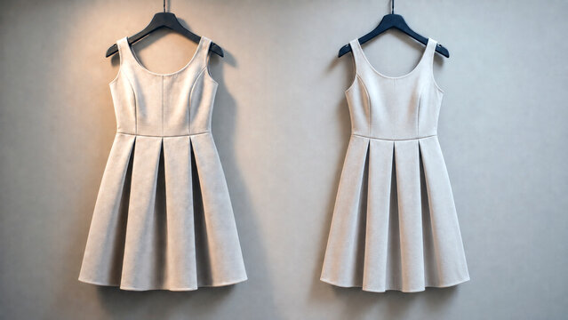 Two similar white dresses hanging side by side for comparison, showing fashion design, clothing choices, style differences, and retail selection