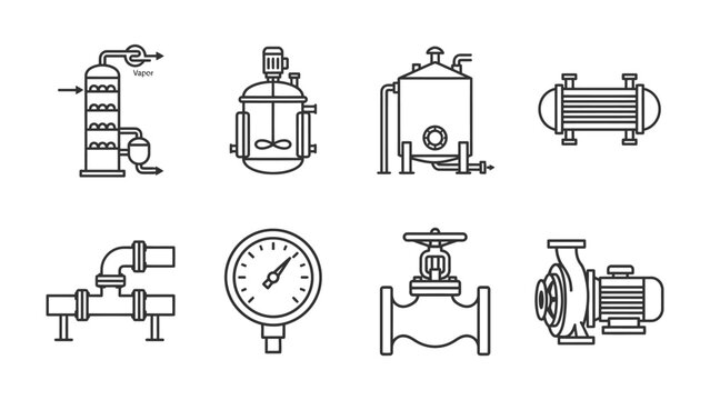 Industrial Equipment Icons: A collection of line art icons representing various industrial equipment including distillation column, reactor, storage tank, heat exchanger, pipe manifold.