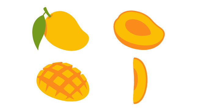 Set of fresh yellow mango fruit illustrations including whole fruit with green leaf, half slice showing the pit, cubed hedgehog cut, and a single longitudinal slice isolated on white background.