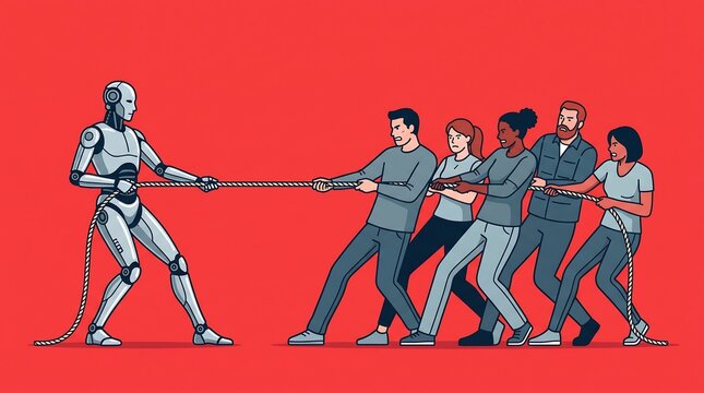 Artificial intelligence versus humans tug of war concept, robot competing against diverse people, technology and humanity conflict illustration