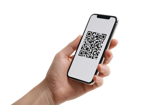 Realistic adult hand holding smartphone displaying QR code for digital access