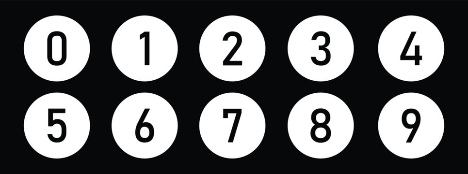 Modern numbers button icon set. Numbers counting white filled vector bullet button icon design. Set of round 0 to 9 isolated on black background. Vector illustration.