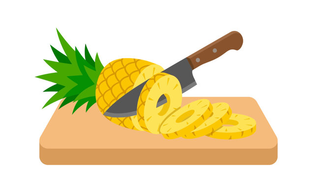 High quality flat vector illustration of a fresh yellow pineapple being sliced into round rings with a kitchen knife on a wooden cutting board, ideal for healthy food preparation and cooking themes.