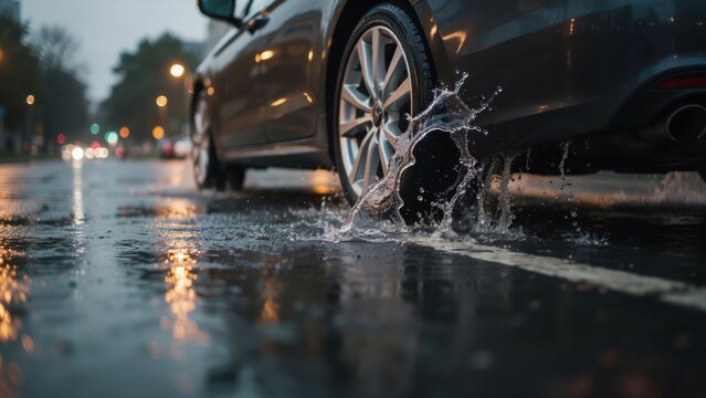 Car driving through a puddle on a wet city street at night