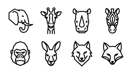 Fototapeta premium Animal Icon Set: A collection of stylized, minimalist line art icons featuring various wild animals, including an elephant, giraffe, rhinoceros, zebra, gorilla, kangaroo, wolf, and fox.