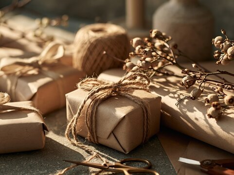 Handmade gift boxes wrapped in brown craft paper with rustic twine and dried floral accents