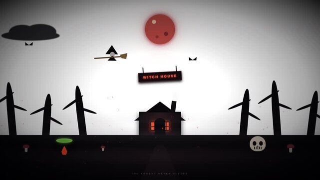Stylized flying witch animation in spooky halloween night landscape