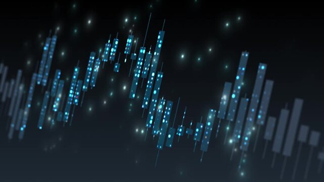 Digital candlestick chart movement trend, cyber trading price value open low high close, dark particle algorithm investment analysis and financial stock