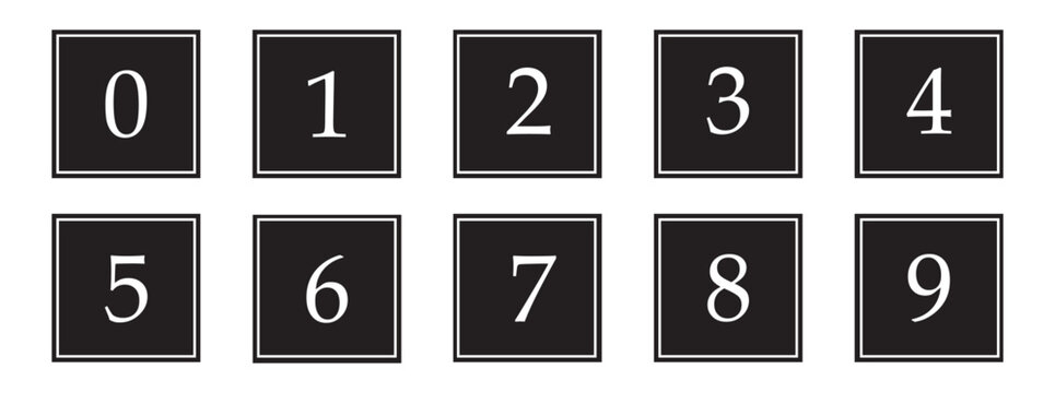 Set of 0 to 9 Numbers button icon set featuring in square. Black number bullet points. simple numbers icon. Square bullet point  number icon in filled design. vector illustration