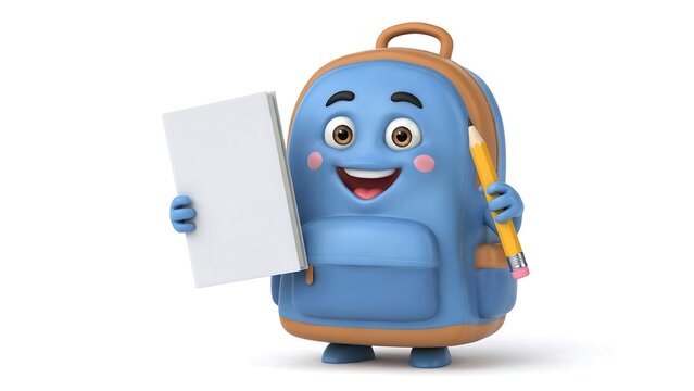 A 3d render of a cute cartoon blue backpack character holding a blank white sign and a yellow pencil on a white background