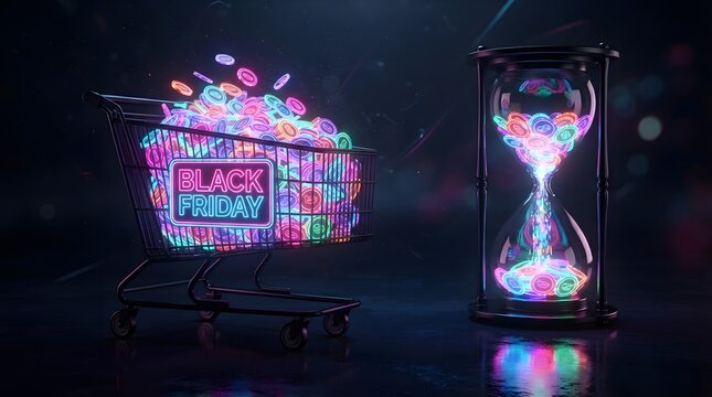 Black friday neon sign on shopping cart filled with glowing coins next to an hourglass