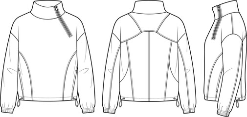 Asymmetrical half zip pullover jacket fashion flat vector template front back and side views © Azizul