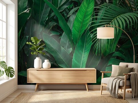 Modern living room interior with wooden console table and tropical palm leaf mural wallpaper background