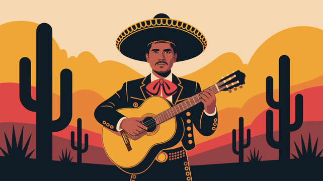 Traditional Mexican mariachi musician wearing sombrero plays guitar in desert landscape with cacti under sunset sky.