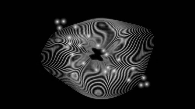 Abstract glowing atom model with orbital rings and particles