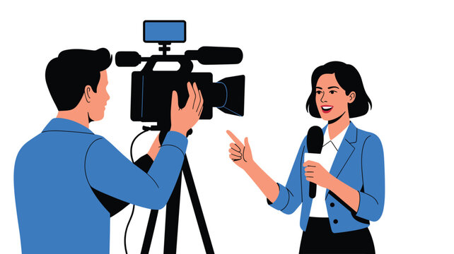 Female news reporter holding a microphone and speaking while a professional cameraman films her on a tripod camera.