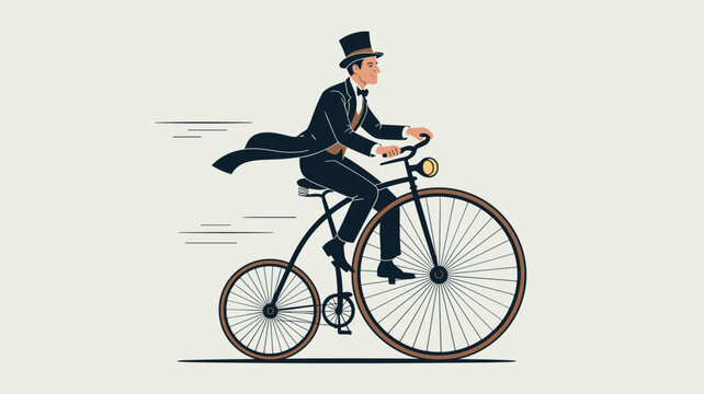Retro vector illustration of a gentleman in a top hat riding a classic penny farthing bicycle very fast.