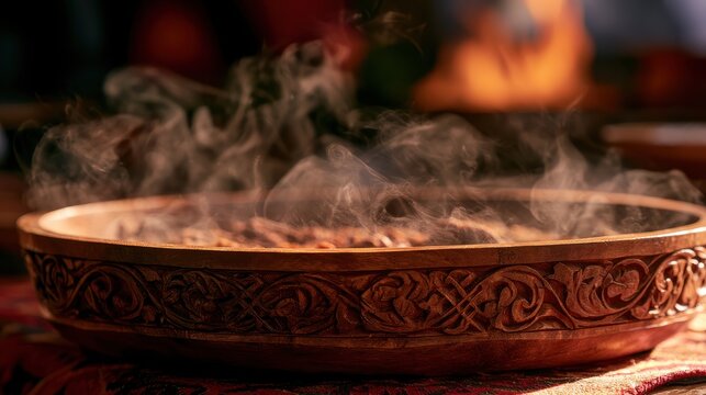 Traditional wooden Astau platter filled with steaming Beshbarmak, intricate wood carvings, festive atmosphere