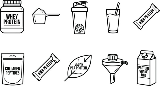 Whey protein powder and fitness supplements line icons set featuring shaker bottle scoop collagen peptides vegan pea protein and high protein bars