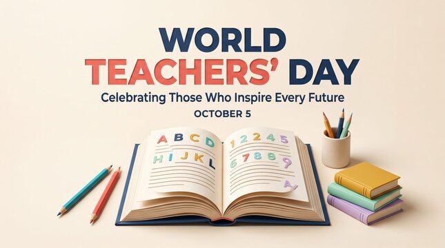 World teachers day celebration with open book and stationery