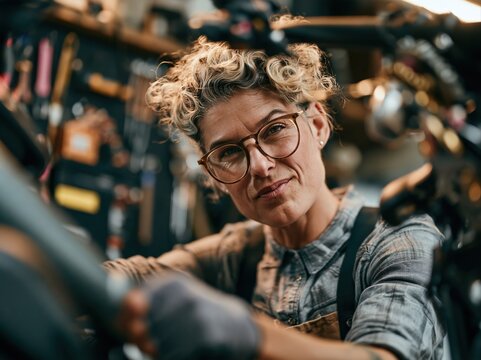 A skilled female mechanic with curly hair and glasses working in a professional repair workshop