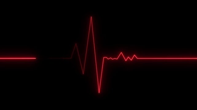 Red glowing neon heartbeat pulse animation on black background showing cardiogram line style motion graphics in loop ECG medical concept video design.4k video animation concept
