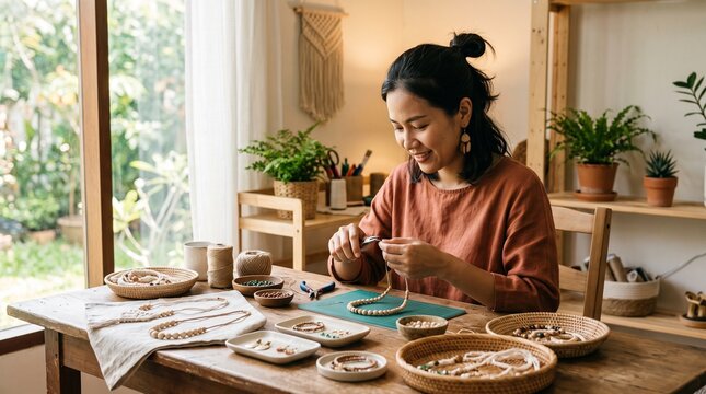 Smiling artisan meticulously crafting elegant handmade jewelry, dedicating time and skill to intricate designs, reflecting creativity and passion