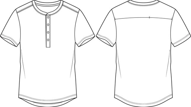 Technical fashion flat sketch of men's short sleeve henley shirt with curved hem