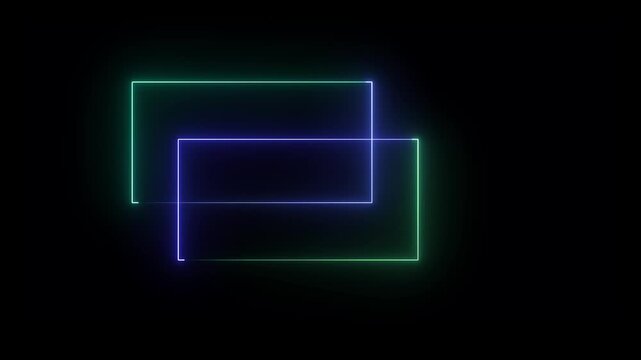 Abstract glowing rectangles moving and overlapping with blue and green neon light on a dark background