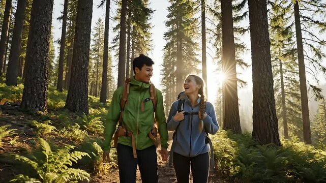 Happy young couple hiking together on a sunny trail in a lush green pine forest