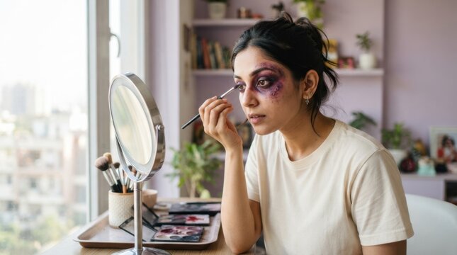 Domestic Violence Concealment: A young woman with a bruised eye, applying makeup in an attempt to conceal her injuries, highlighting the hidden struggles within.