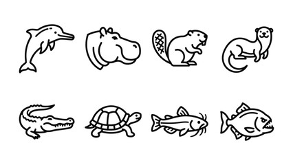 Obraz premium Set of Animal Icons: A collection of minimalist, line-art icons representing various aquatic and semi-aquatic animals, including a dolphin, hippopotamus, beaver, otter, alligator, turtle, fish.