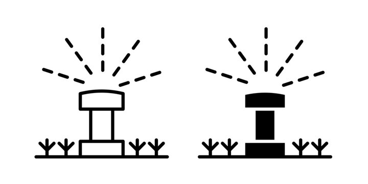 Lawn sprinkler icon in stroke and solid fill styles, isolated on white background. Ideal for gardening, irrigation systems, landscaping, and lawn care services.