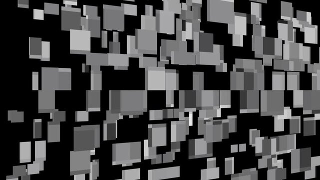 Abstract floating gray squares and rectangular blocks on black background