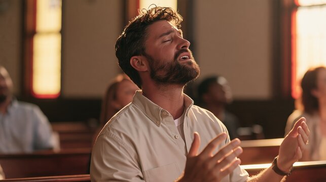 A bearded man singing with hands raised in worship during a church service in golden sunlight