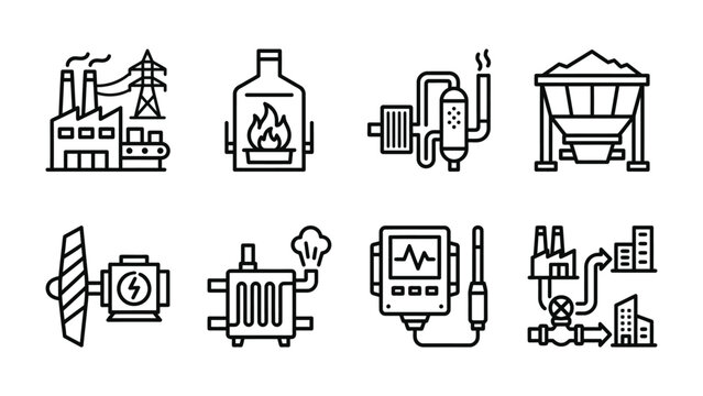Industrial Equipment Icons: A set of clean line art icons representing various industrial equipment and processes, including a factory, furnace, distillation column, silo, generator, boiler.
