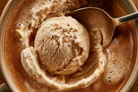A single scoop of ice cream floats in a wide cup of coffee--a close-up view. 