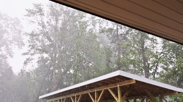 Rain pours down on shed as trees move in wind during stormy day.