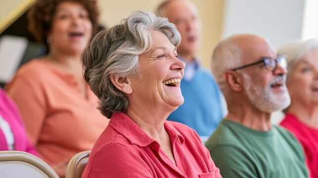 Cheerful group of seniors singing together during a community choir practice session indoors